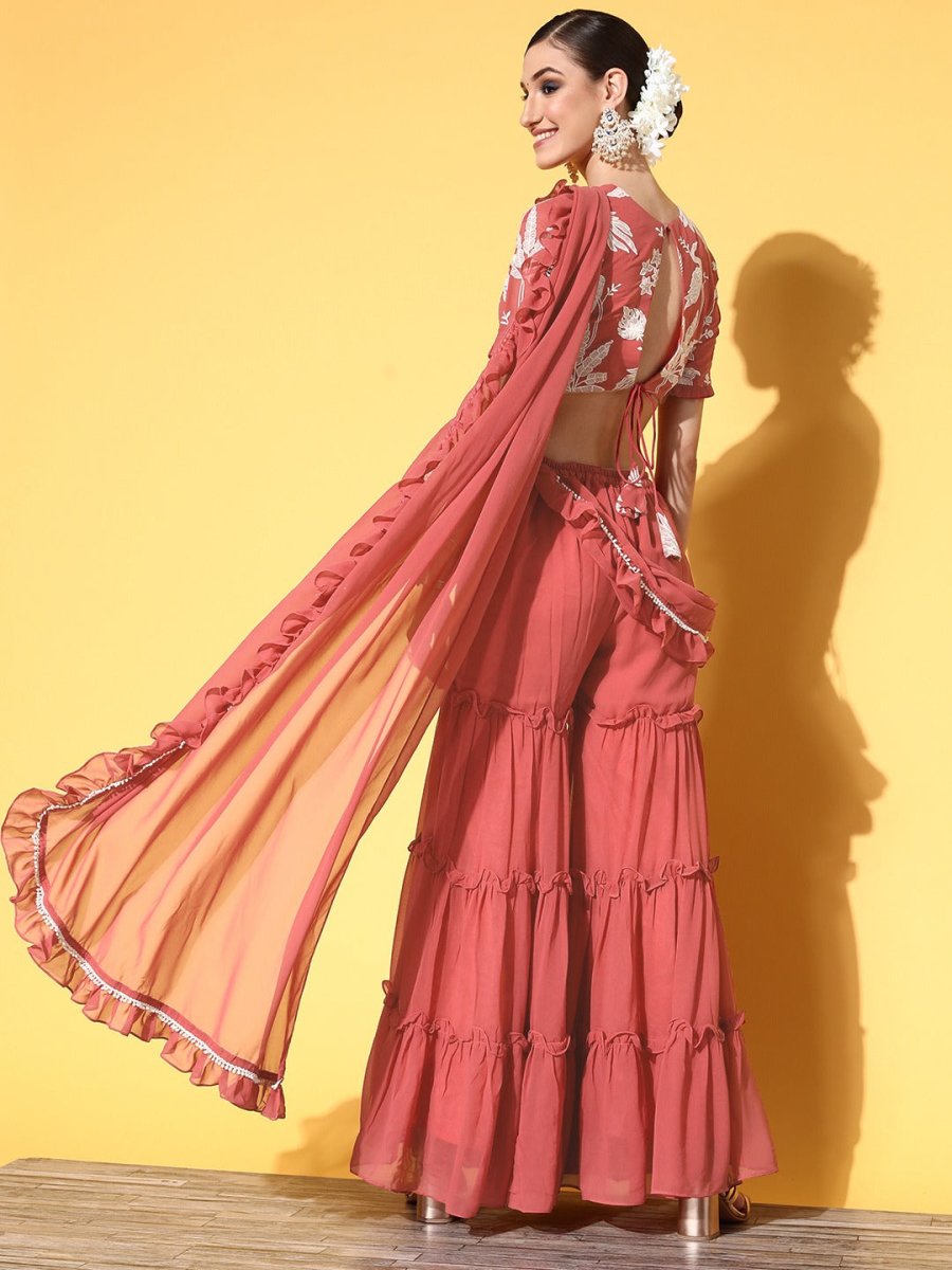 Women Pink Sharara Drape Ruffle Saree with Embroidered Blouse Piece - Inddus.com