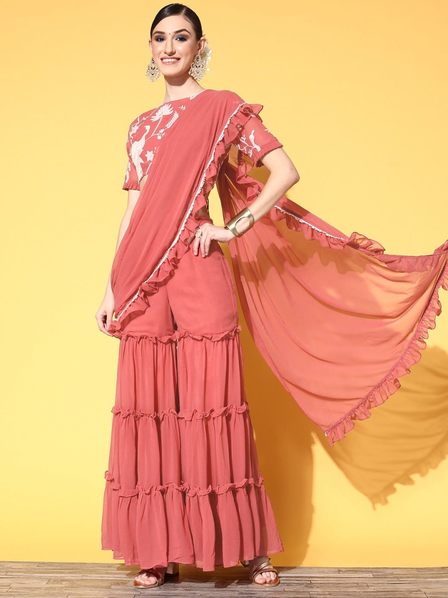 Women Pink Sharara Drape Ruffle Saree with Embroidered Blouse Piece - Inddus.com