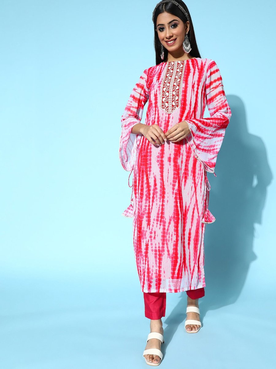 Women Pink Shibori Print Yoke Design Kurta with Trouser - Inddus.com