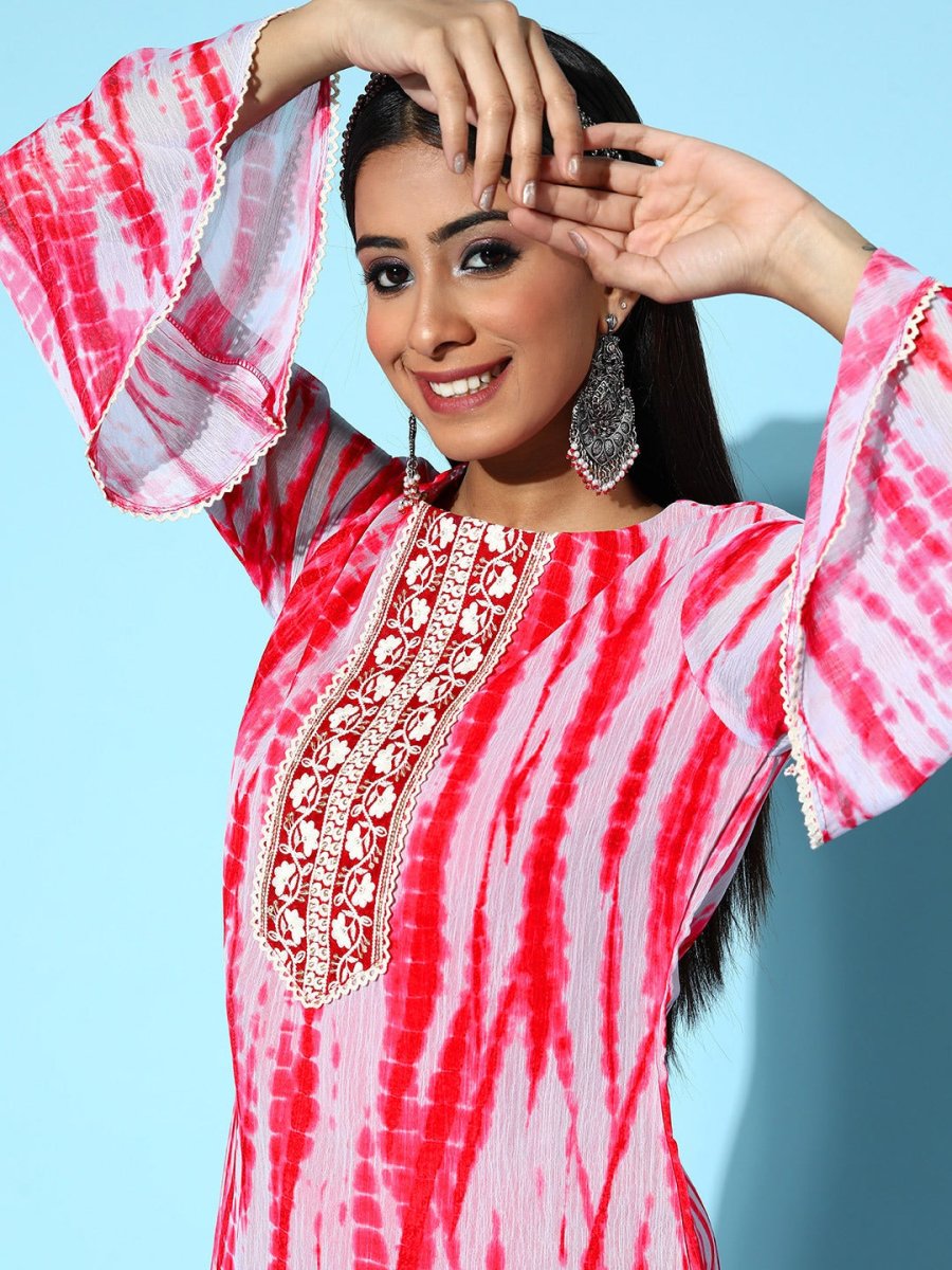 Women Pink Shibori Print Yoke Design Kurta with Trouser - Inddus.com