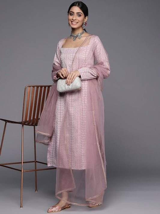 Women Pink Tribal Embroidered Thread Work Kurta with Trousers & With Dupatta - Inddus.com