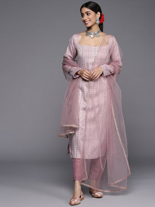 Women Pink Tribal Embroidered Thread Work Kurta with Trousers & With Dupatta - Inddus.com