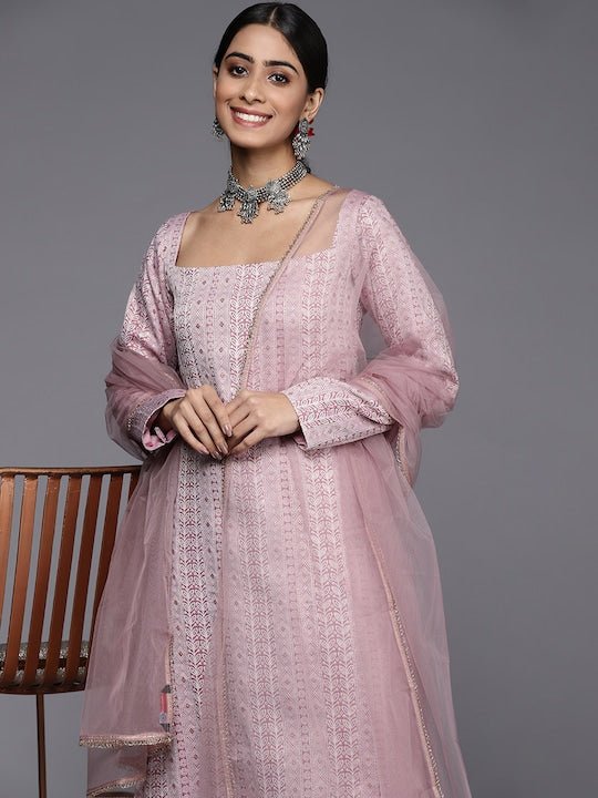 Women Pink Tribal Embroidered Thread Work Kurta with Trousers & With Dupatta - Inddus.com