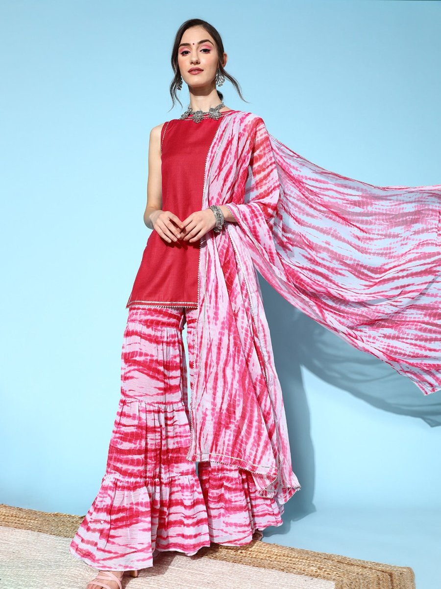 Women Pink Tye Dye Kurti with Sharara Dupatta - Inddus.com