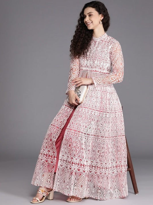 Women Pink & White Embroidered High Slit Thread Work Kurta with Trousers - Inddus.com