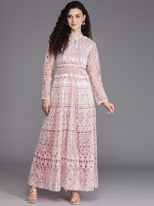 Women Pink & White Embroidered High Slit Thread Work Kurta with Trousers - Inddus.com