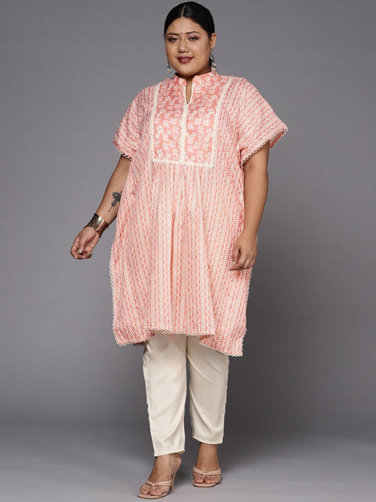 Women Pink & White Striped Gotta Patti Kaftan Kurta - Inddus.com