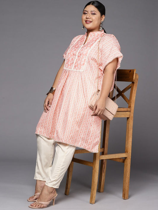 Women Pink & White Striped Gotta Patti Kaftan Kurta - Inddus.com