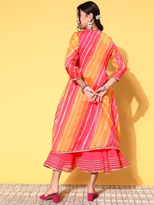 Women Pink Yellow Anarkali Kurta with Digital Print Tie up Jacket - Inddus.com