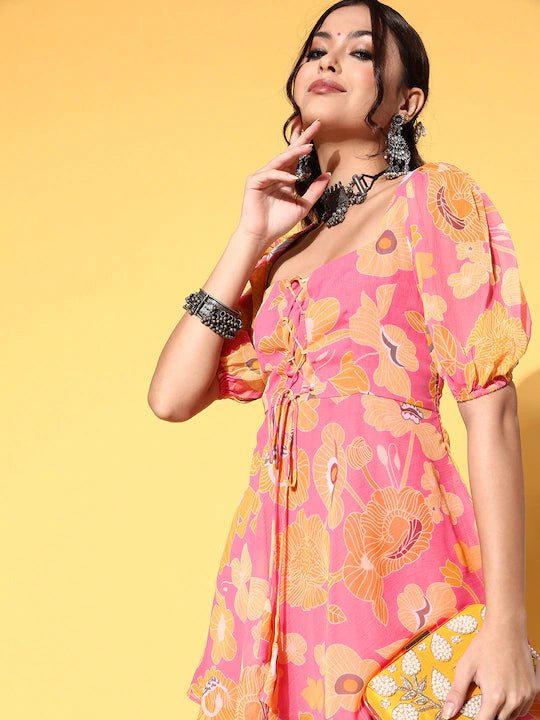 Women Pink Yellow Floral Printed Kurti With Sharara - Inddus.com