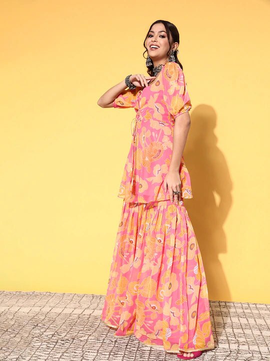 Women Pink Yellow Floral Printed Kurti With Sharara - Inddus.com