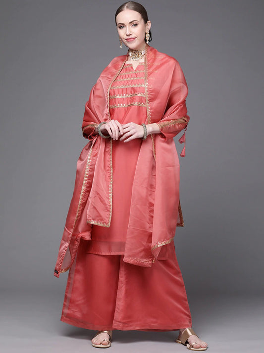 Women Pink Yoke Design Sequinned Kurta with Palazzos & Dupatta - Inddus.com