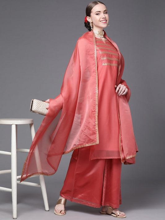 Women Pink Yoke Design Sequinned Kurta with Palazzos & Dupatta - Inddus.com