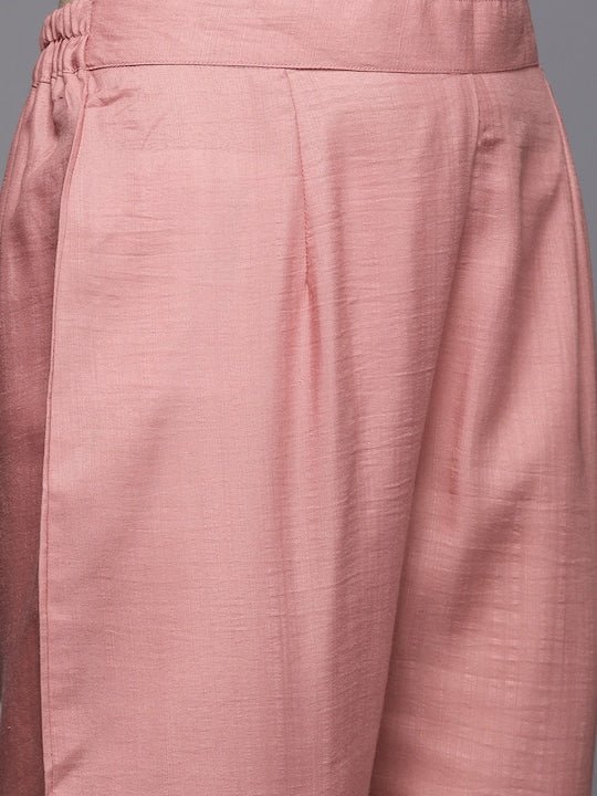 Women Pink Yoke Design Thread Work Kurta with Trousers & With Dupatta - Inddus.com