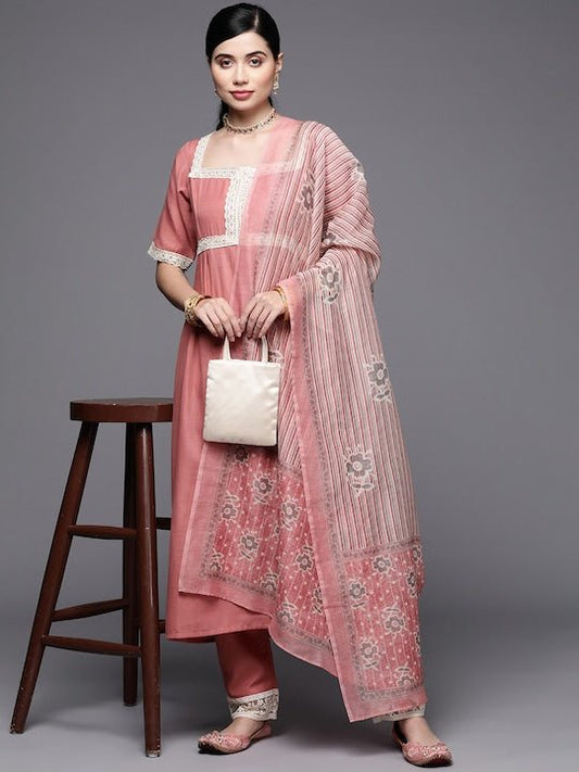 Women Pink Yoke Design Thread Work Kurta with Trousers & With Dupatta - Inddus.com