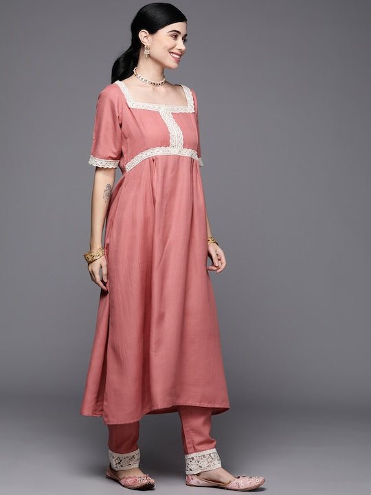 Women Pink Yoke Design Thread Work Kurta with Trousers & With Dupatta - Inddus.com