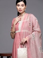 Women Pink Yoke Design Thread Work Kurta with Trousers & With Dupatta - Inddus.com