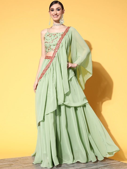 Women Pista Green Lehenga Drape Ruffle Saree with Floral Embroidered Blouse Piece - Inddus.com