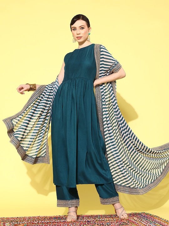 Women Pleated Kurta with Palazzos & With Dupatta - Inddus.com