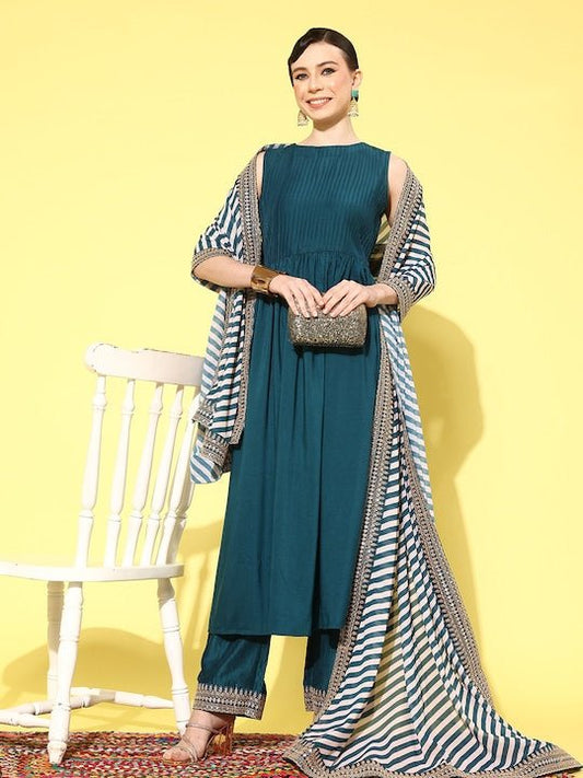 Women Pleated Kurta with Palazzos & With Dupatta - Inddus.com