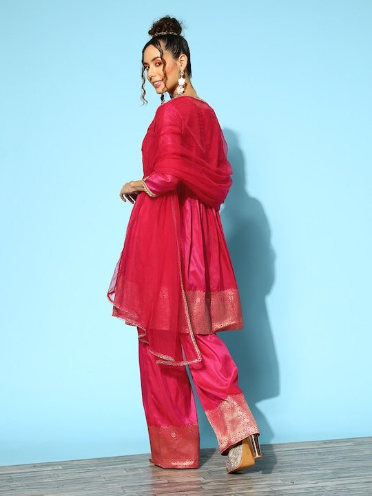 Women Pleated Kurta with Trousers & With Dupatta - Inddus.com