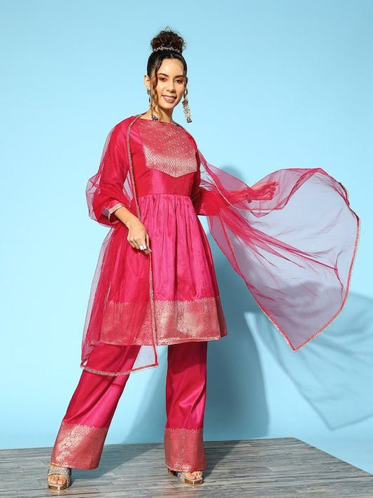 Women Pleated Kurta with Trousers & With Dupatta - Inddus.com