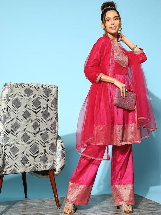 Women Pleated Kurta with Trousers & With Dupatta - Inddus.com