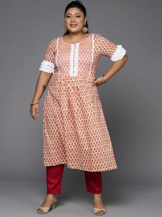 Women Plus Size Pink & Cream-Coloured Ethnic Motifs Printed Kurta - Inddus.com