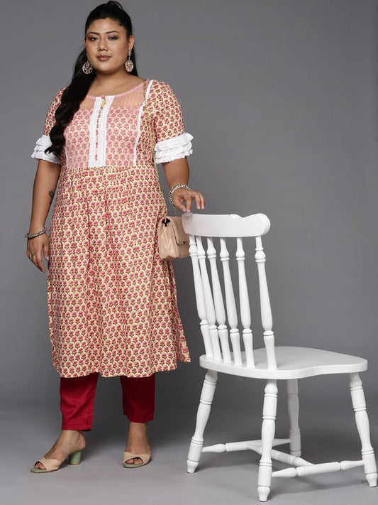 Women Plus Size Pink & Cream-Coloured Ethnic Motifs Printed Kurta - Inddus.com