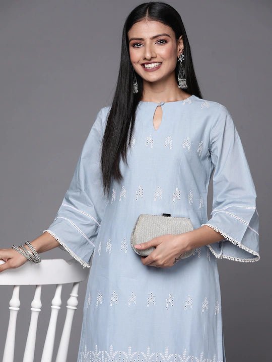 Women Powder Blue Embroidered Thread Work Kurta and Trouser - Inddus.com