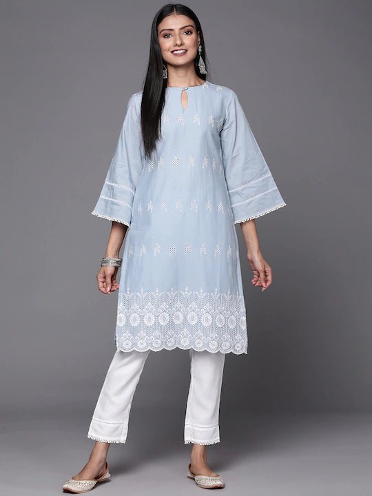 Women Powder Blue Embroidered Thread Work Kurta and Trouser - Inddus.com