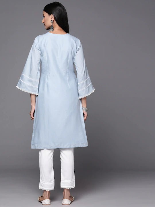 Women Powder Blue Embroidered Thread Work Kurta and Trouser - Inddus.com