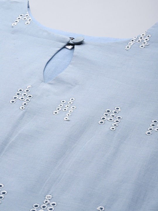 Women Powder Blue Embroidered Thread Work Kurta and Trouser - Inddus.com