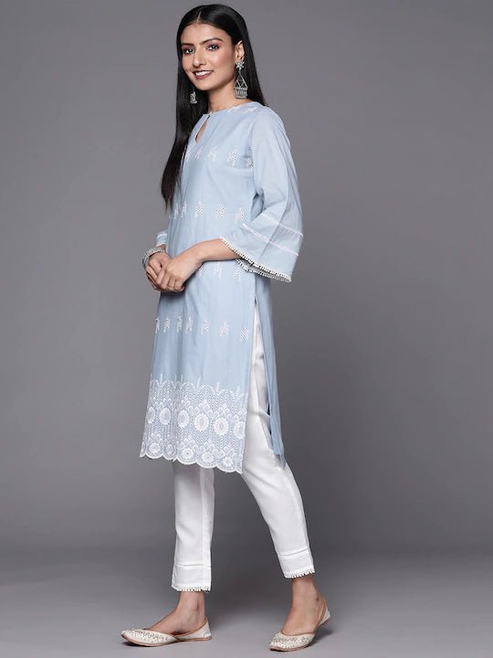 Women Powder Blue Embroidered Thread Work Kurta and Trouser - Inddus.com