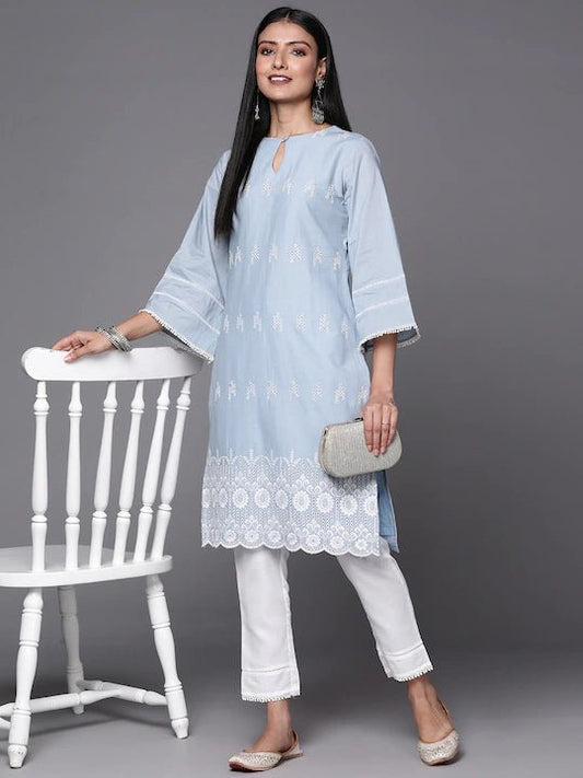 Women Powder Blue Embroidered Thread Work Kurta and Trouser - Inddus.com