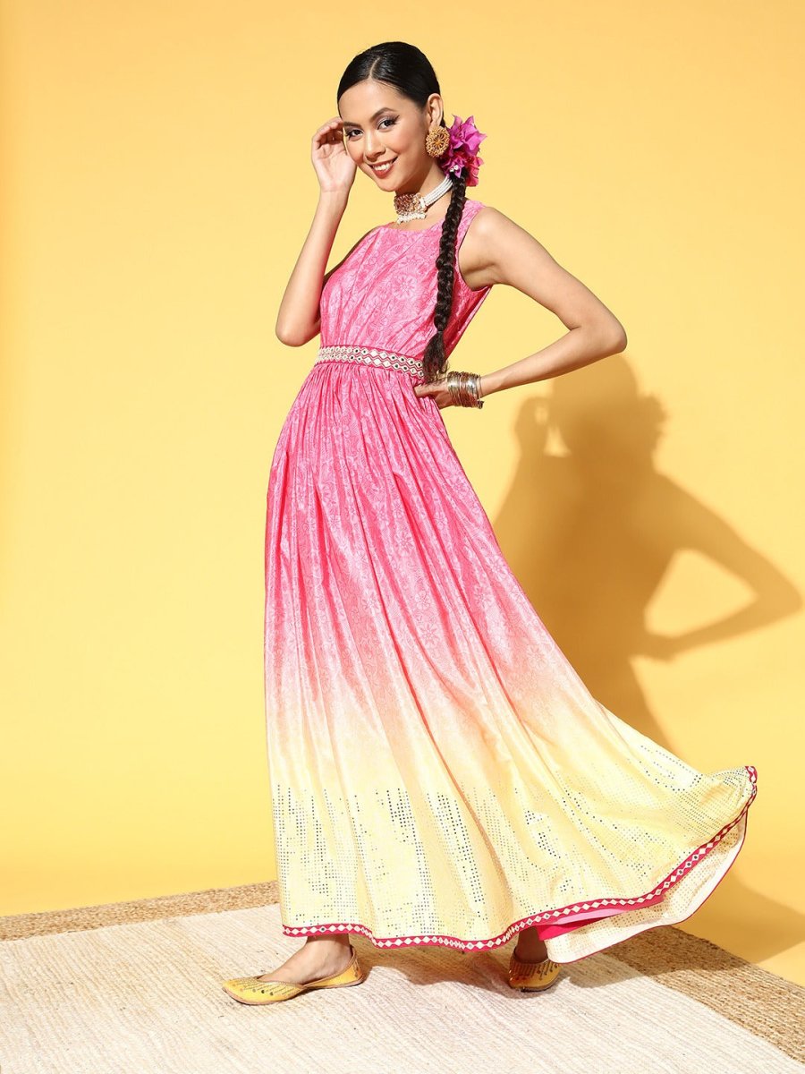 Women Pretty Pink Floral Ethereal Embroidery Dress - Inddus.com