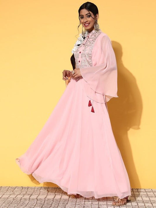 Women Pretty Pink Georgette Fluid Tie-Up Kurta - Inddus.com