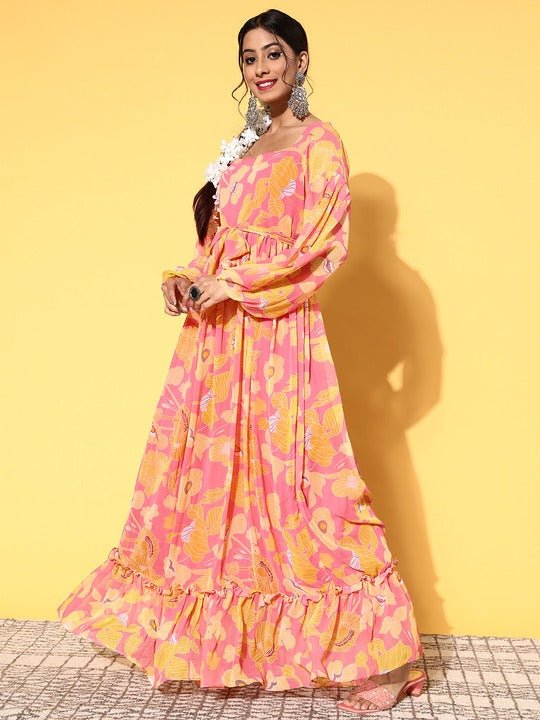 Women Pretty Pink Georgette Twist & Knot Ethnic Dress - Inddus.com