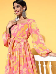 Women Pretty Pink Georgette Twist & Knot Ethnic Dress - Inddus.com