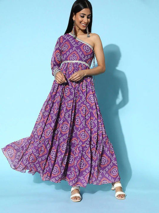 Women Purple Bandhani Printed One Shoulder Maxi Dress - Inddus.com