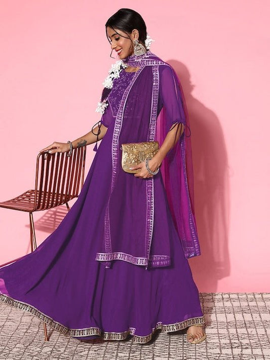 Women Purple Embroidered Yoke Design Kurta with Dupatta - Inddus.com