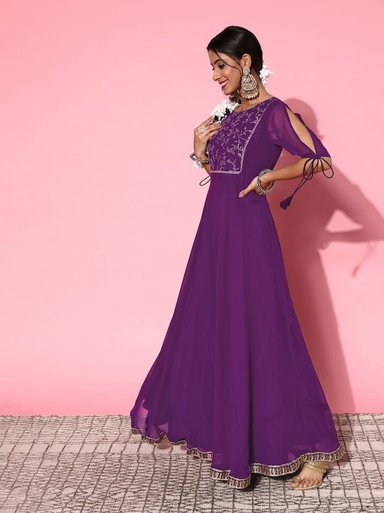 Women Purple Embroidered Yoke Design Kurta with Dupatta - Inddus.com