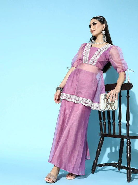 Women Purple Embroidered Yoke Design Kurti With Sharara - Inddus.com