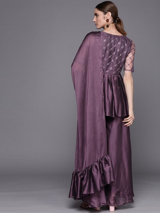 Women Purple Ethnic Motifs Yoke Design Pleated Sequinned Kurti with Palazzos & With Dupatta - Inddus.com