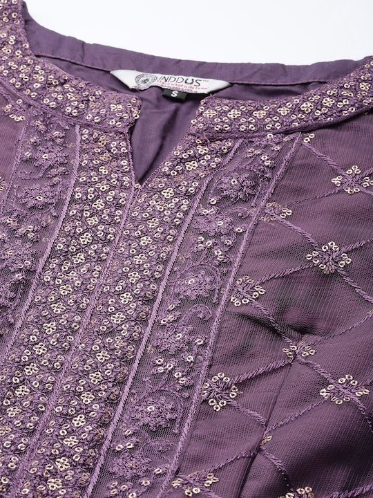 Women Purple Ethnic Motifs Yoke Design Pleated Sequinned Kurti with Palazzos & With Dupatta - Inddus.com