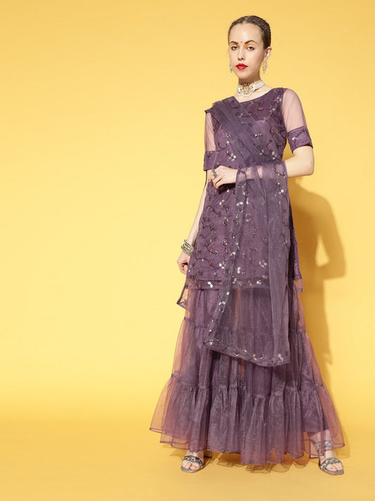 Women Purple Floral Embroidered Sequinned Kurti With Tiered Sharara & Dupatta - Inddus.com