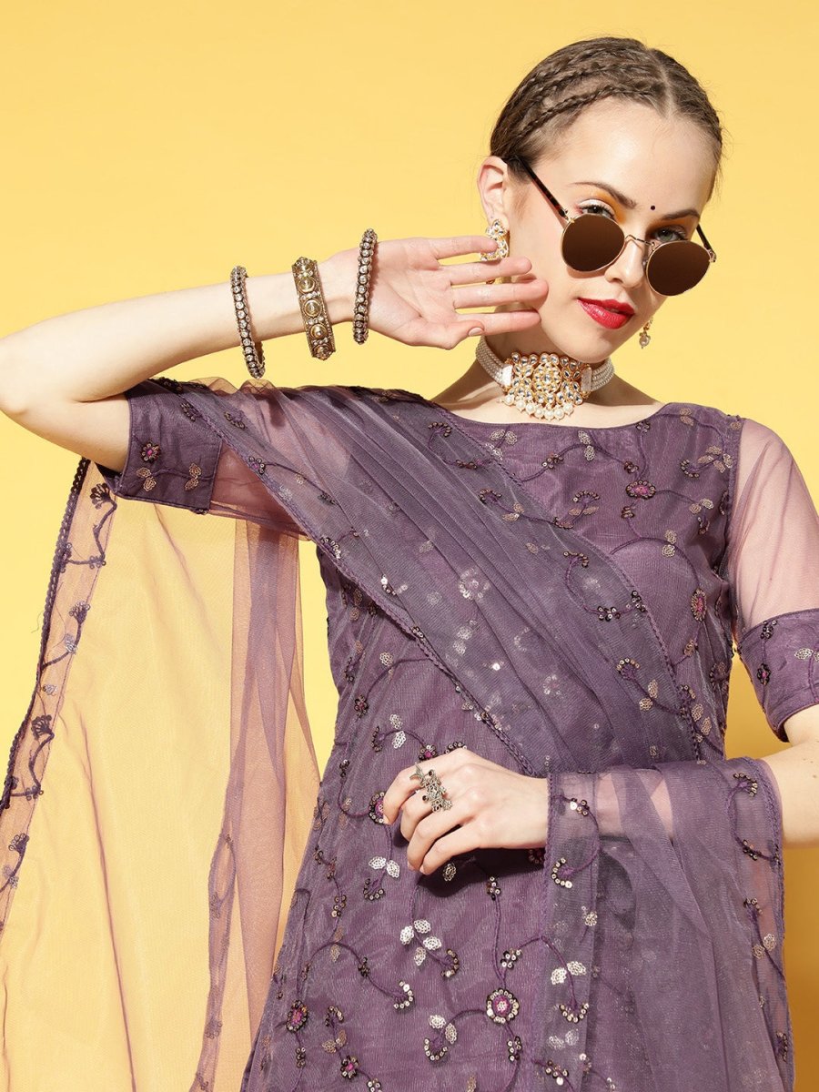 Women Purple Floral Embroidered Sequinned Kurti With Tiered Sharara & Dupatta - Inddus.com