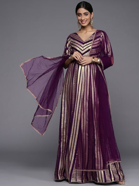 Women Purple & Gold-Toned Georgette Anarkali Kurta with Dupatta - Inddus.com