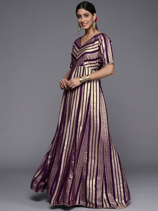 Women Purple & Gold-Toned Georgette Anarkali Kurta with Dupatta - Inddus.com