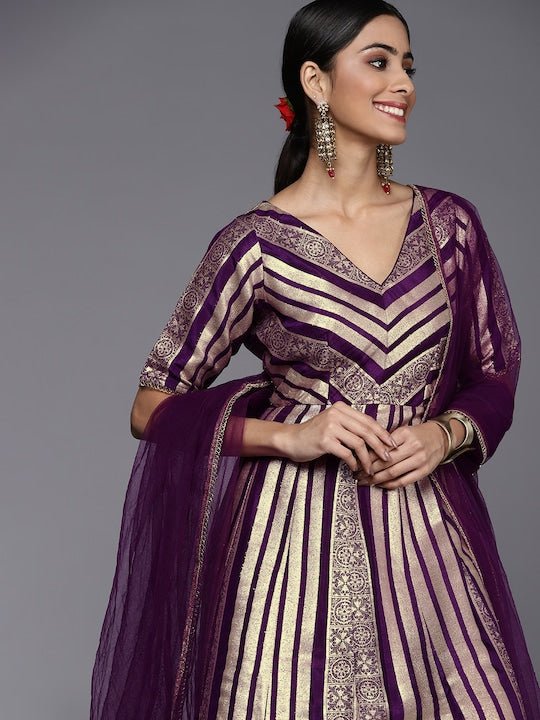 Women Purple & Gold-Toned Georgette Anarkali Kurta with Dupatta - Inddus.com